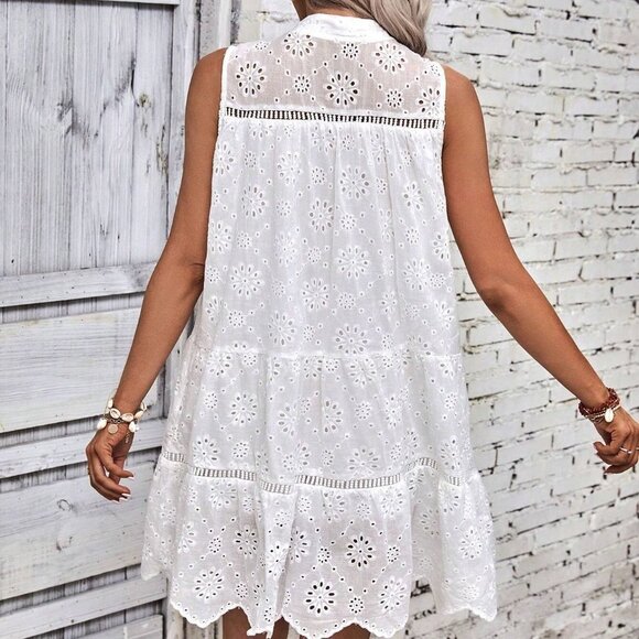 White Boho Womens Eyelet Embroidery Tassel Tie Neck Ruffle Hem Smock Dress - Picture 3 of 5